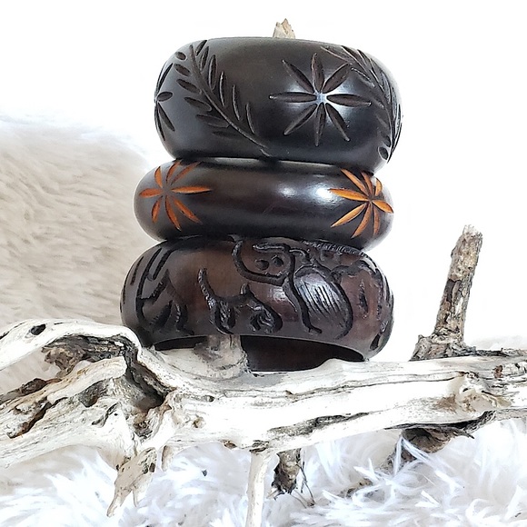 Vintage Jewelry - 3pc Bangle Stack Chunky Engraved Ebony Wood